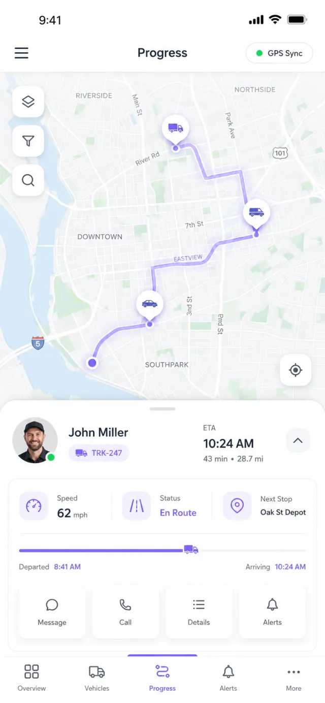 Progress Logistics & Fleet — live GPS tracking screen
