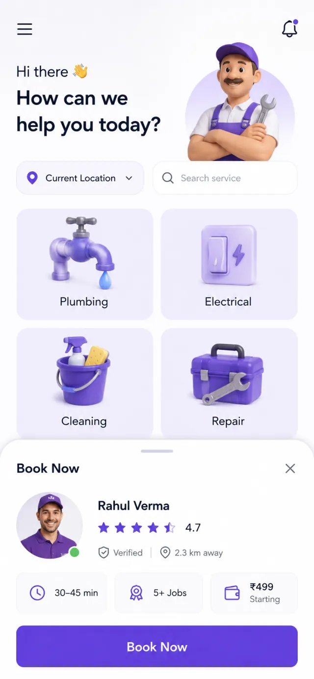Handyman on-demand booking — converted web-to-app screen