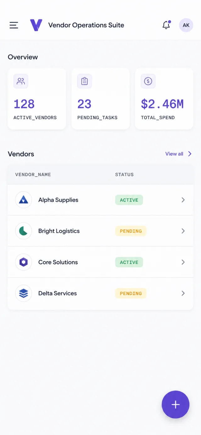 Vendor Operations Suite — store-launched B2B app screen